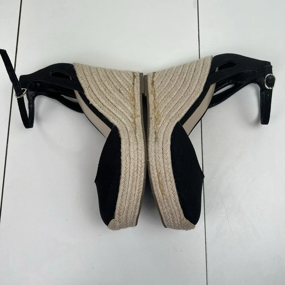 Marc Fisher Canvas Espadrille Platform Wedges Teelan Black Ankle Strap Size 7